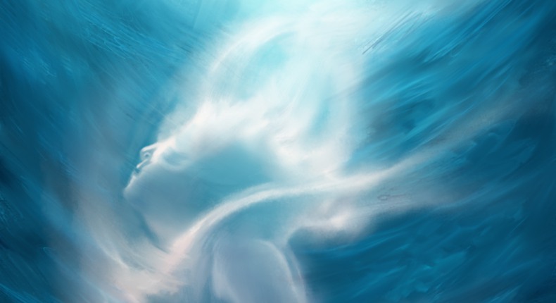 Ett ljust kvinnligt havsväsen sträcker sig upp emot ljuset från havets mörkblå botten.