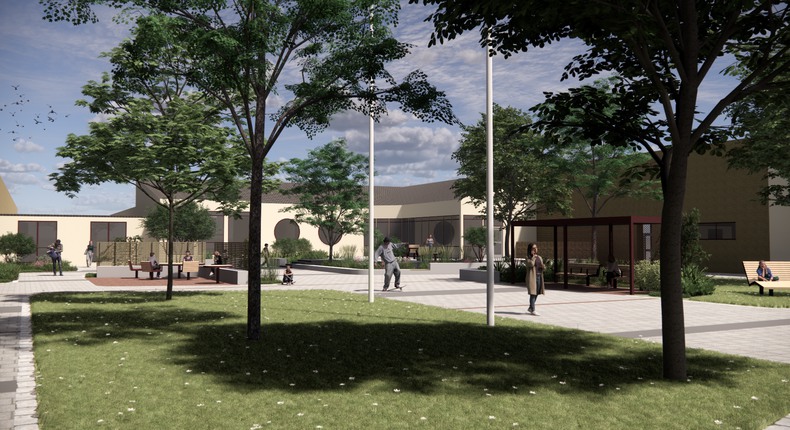 Visionsbild av den blivande skolgården. På bilden syns grönytor, träd och sittbänkar mellan skolans huskroppar.